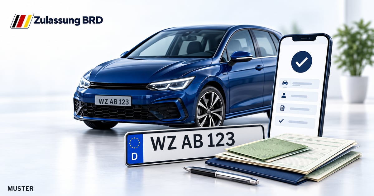 Online Fahrzeugzulassung in Lahnau: Musterkennzeichen WZ AB 123, Auto und Fahrzeugpapiere und Smartphone. Illustration mit Logo von Zulassung BRD.